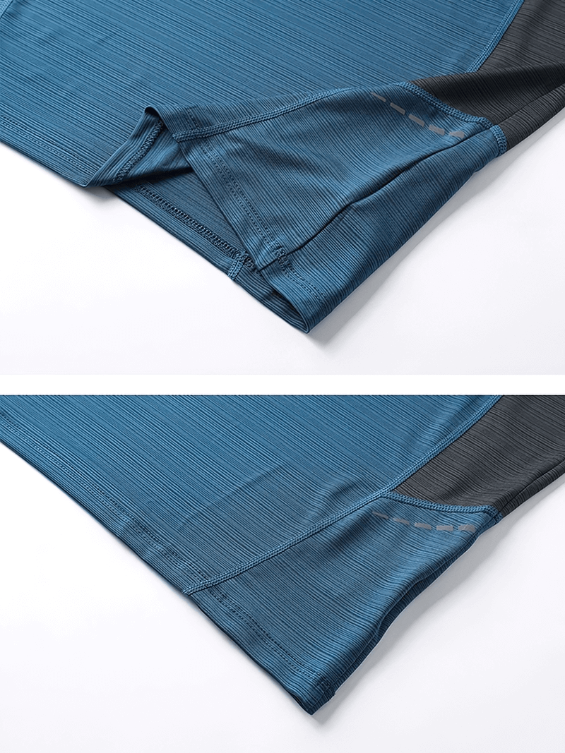 Close-up of blue patchwork men's tank top showing elastic fit and durable polyester fabric, ideal for gym and casual wear.